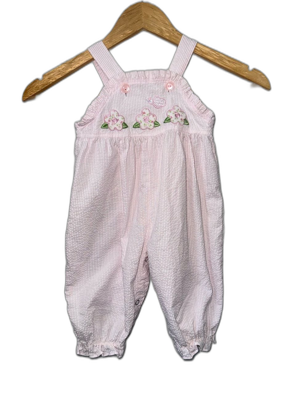 Pink Floral Seersucker Baby Overalls Size 6-9M Pink and White Stripe !